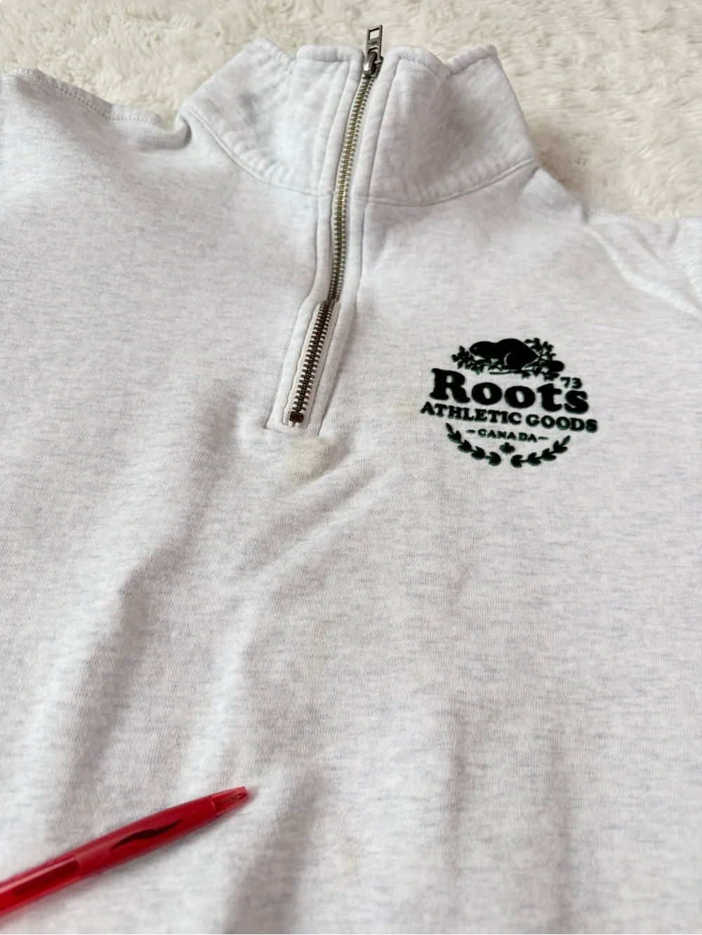 VTG Y2K 90s ROOTS Woman Gray Quarter Zip Cotton Sweater XL Classic Preppy Cozy - Picture 9 of 10